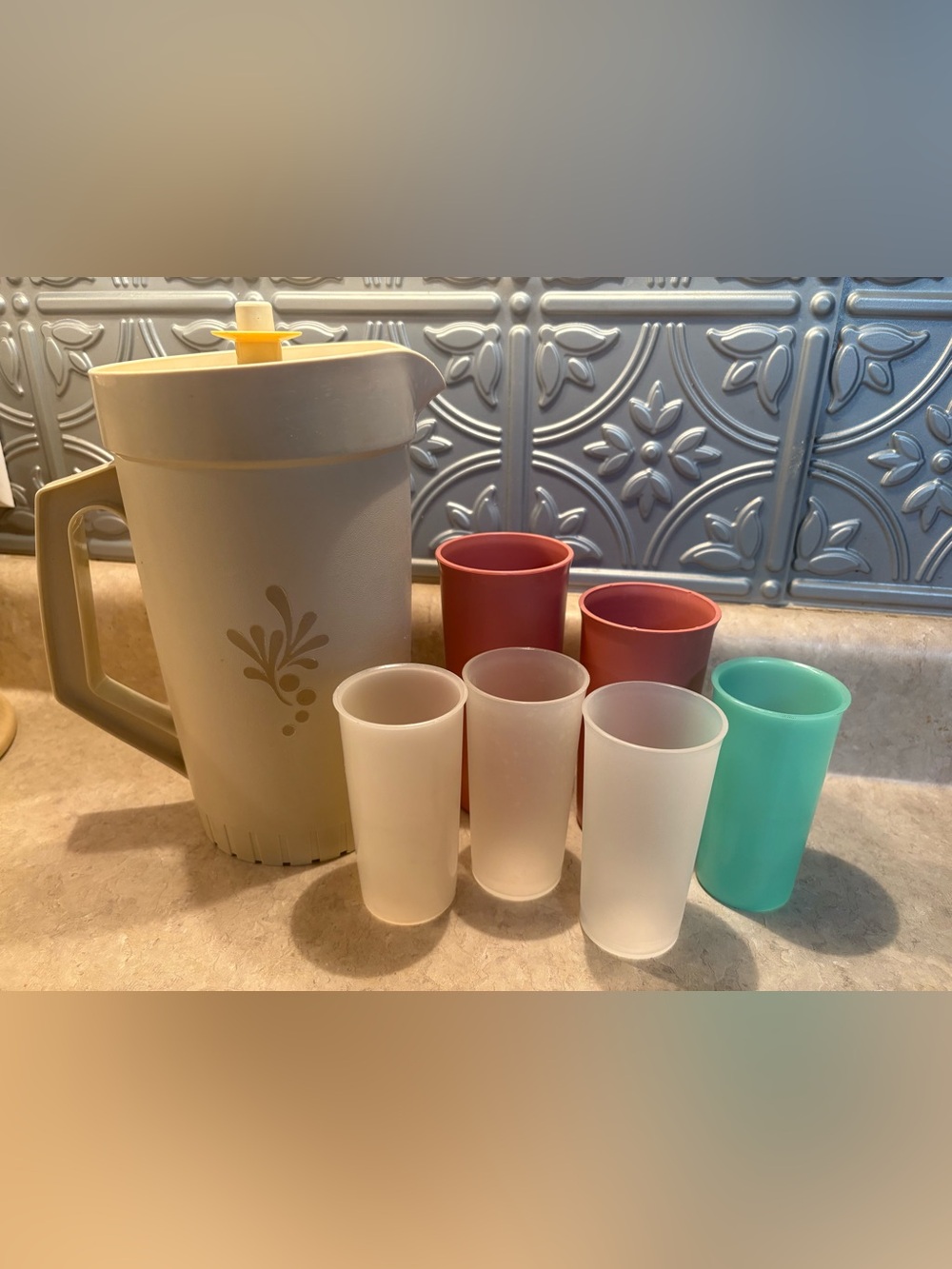 Vintage Tupperware Pitcher with Assorted Tumblers - Beige, Frosted, Coral, Teal